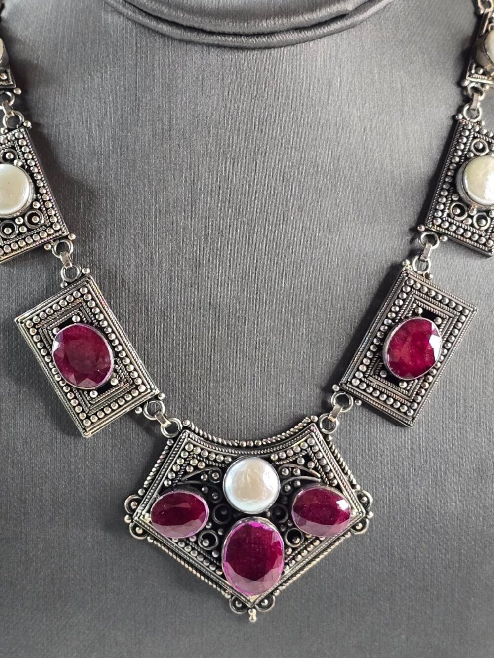 Womens Estate Sterling Silver Natural Ruby Pearl Pendant Necklace 57.2g E3031